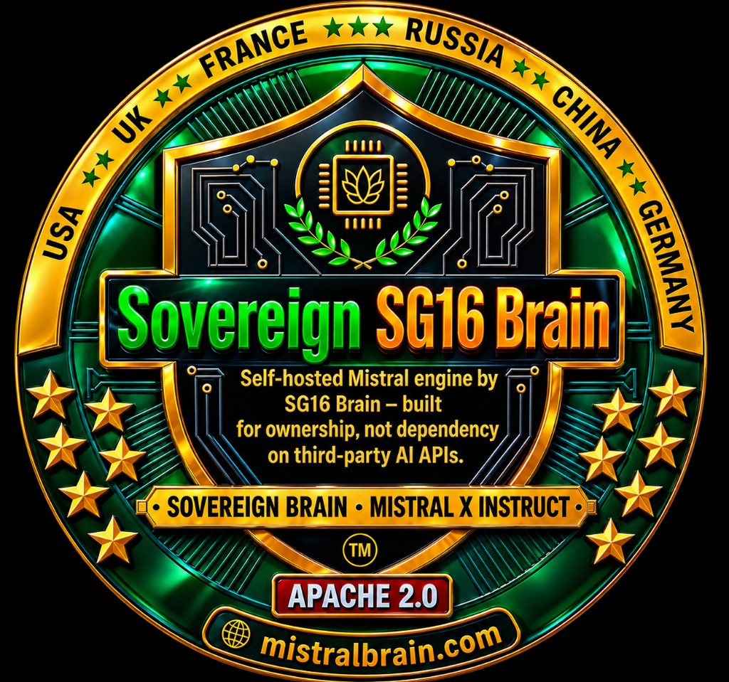 Sovereign SG16 Brain emblem — Mistral X Instruct, Apache 2.0